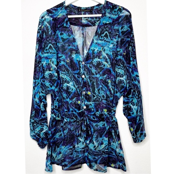 Vix Paula Hermanny Vibrant Abstract Print Swim Cover-Up Wrap Kimono Mini Dress - Picture 1 of 7